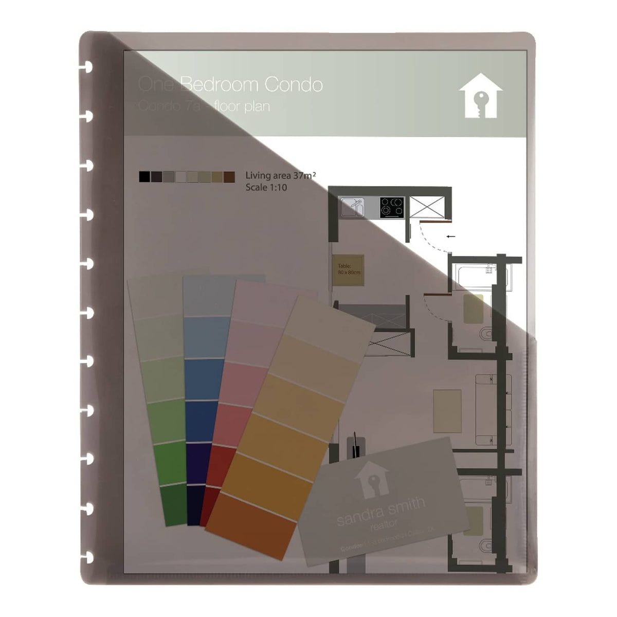 8.5x11 discbound pocket divider with clear window and colored tabs, binder-hole edge