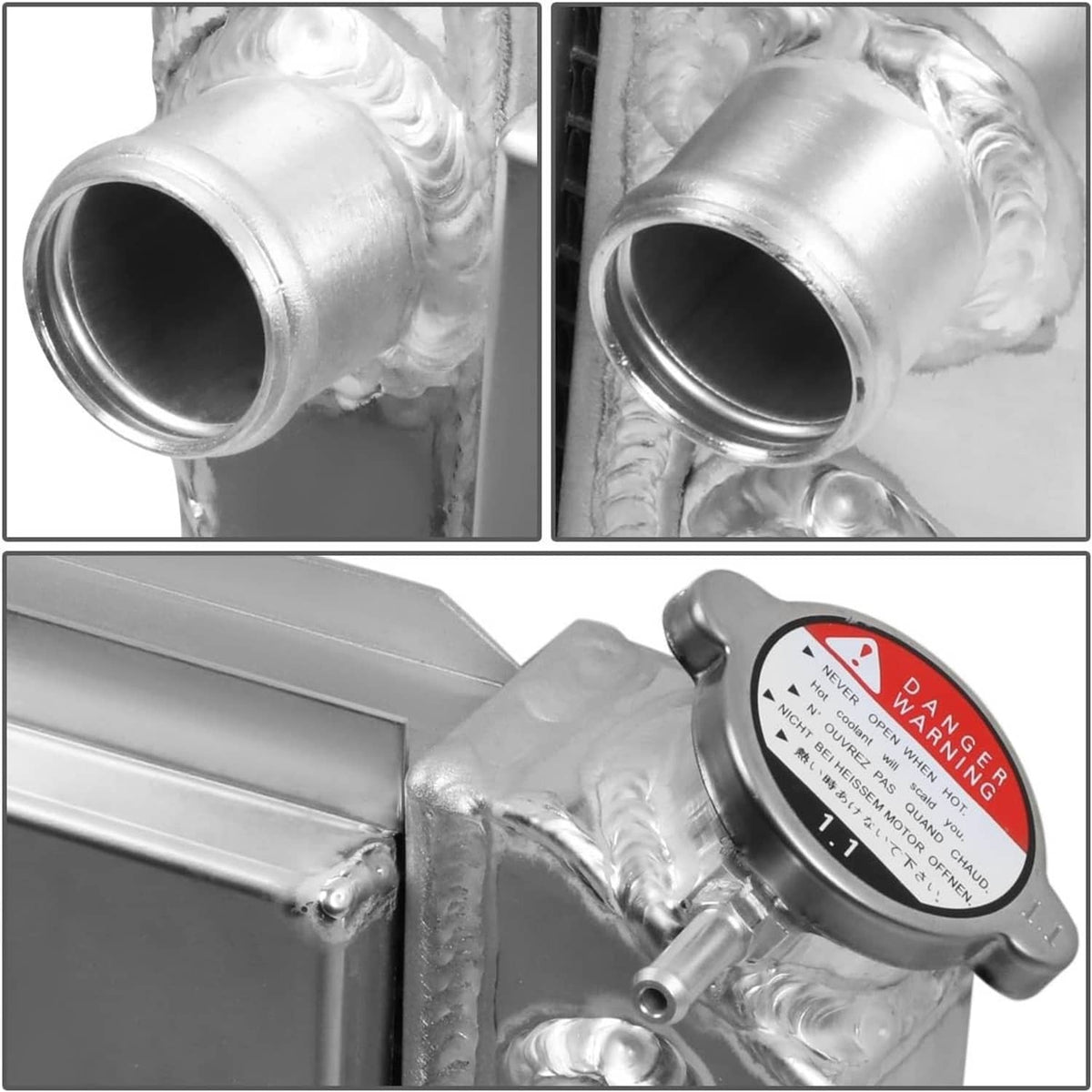 Aluminum radiator close-up of threaded inlet/outlet ports and warning cap