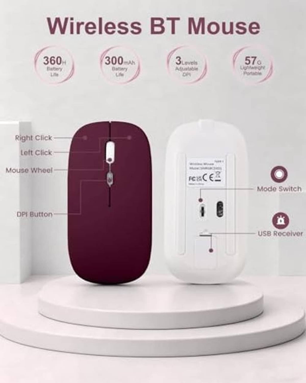Wireless BT mouse in dark wine red and white with USB receiver