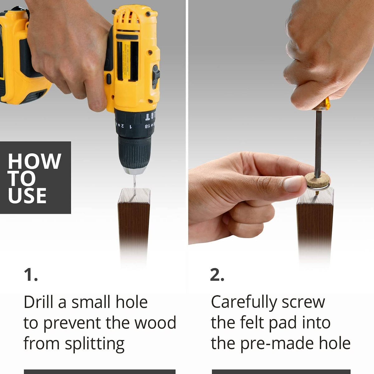 Screw-on felt pad installation steps with drill and hand screwing