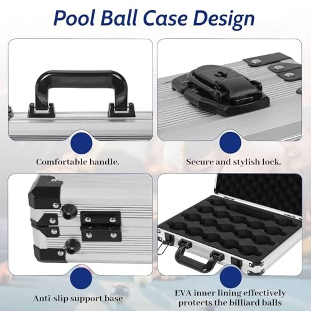 Pool ball case design details: handle, secure lock, anti-slip base, EVA lining