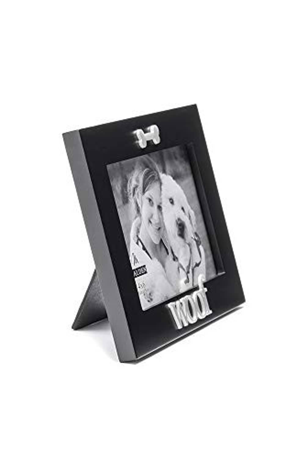 Black wood pet photo frame with bone topper and 'Woof' word detail, vertical 4x6