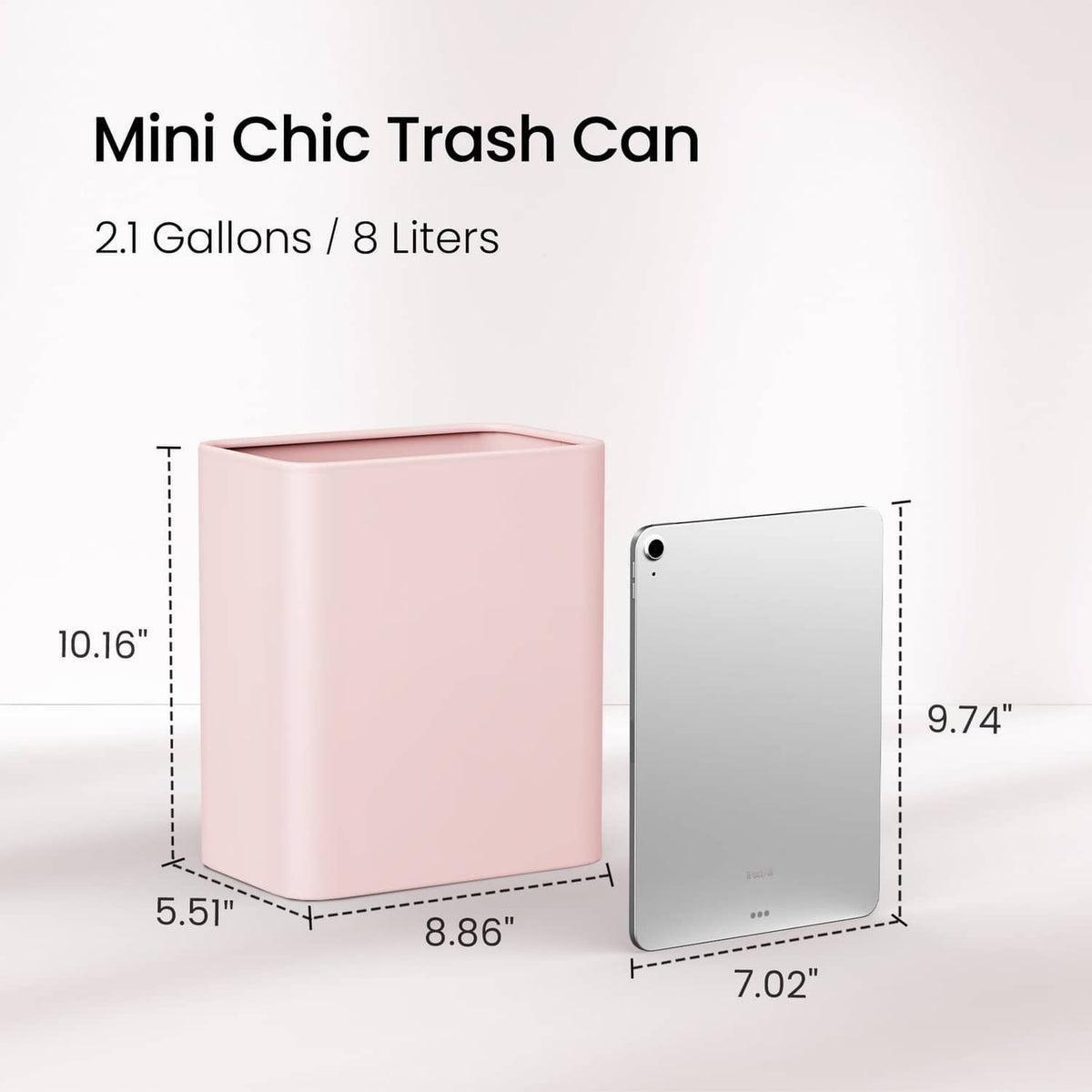 Small pink trash can, front view, square open-top bin