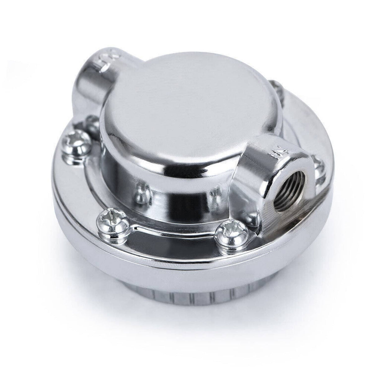 Universal adjustable fuel pressure regulator with round silver cap and two threaded fittings