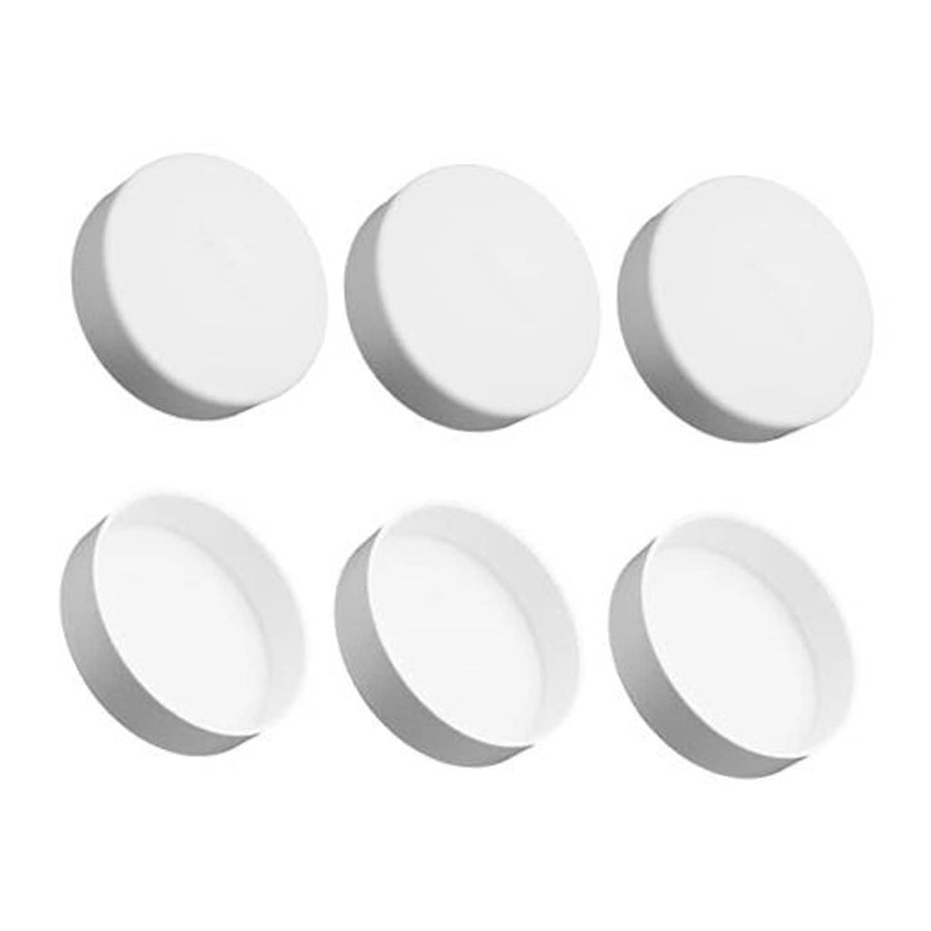 Set of six white PVC 2-inch pipe end cap plugs, round caps
