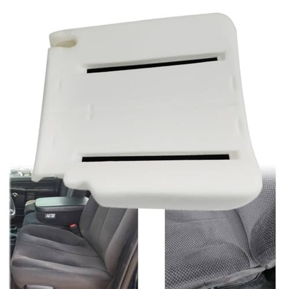 White/cream foam pad shown installed on front seat cushion opening and slots.