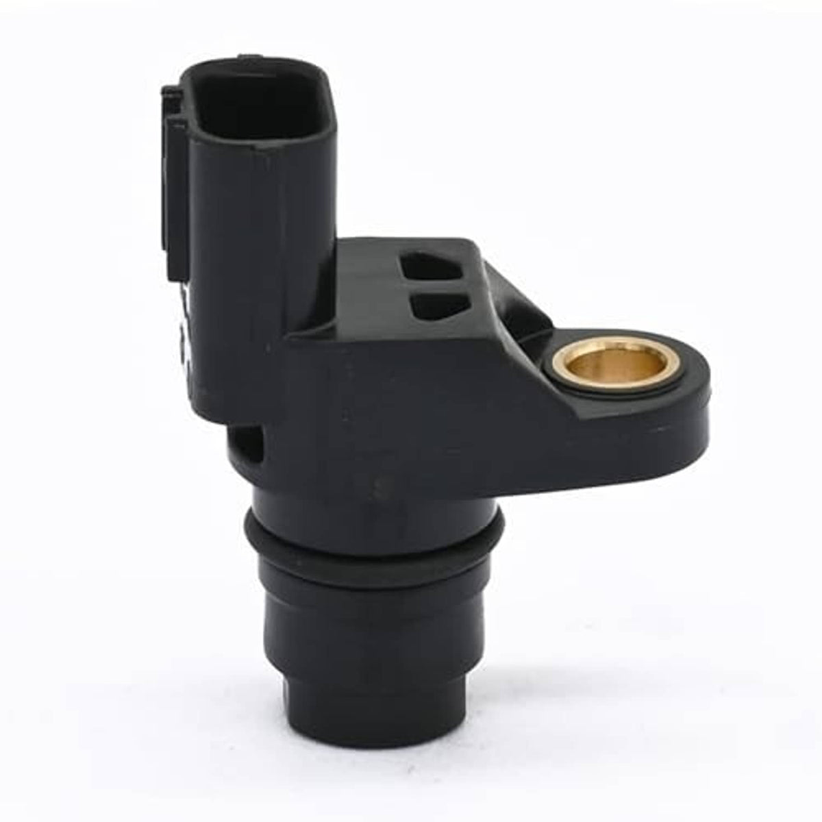 Black camshaft position sensor with gold ring terminal and rectangular mounting bracket