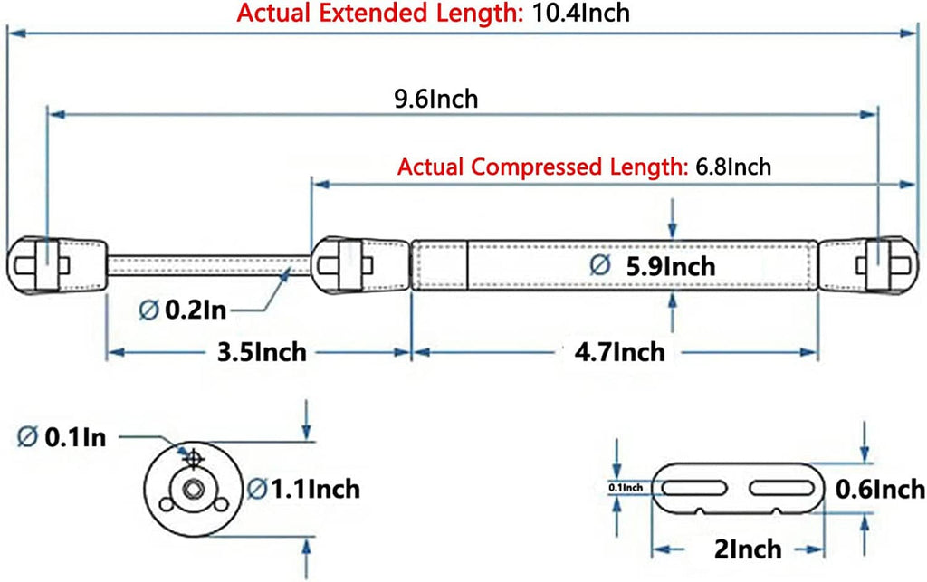 Dimension diagram for black gas spring struts showing extended, compressed lengths