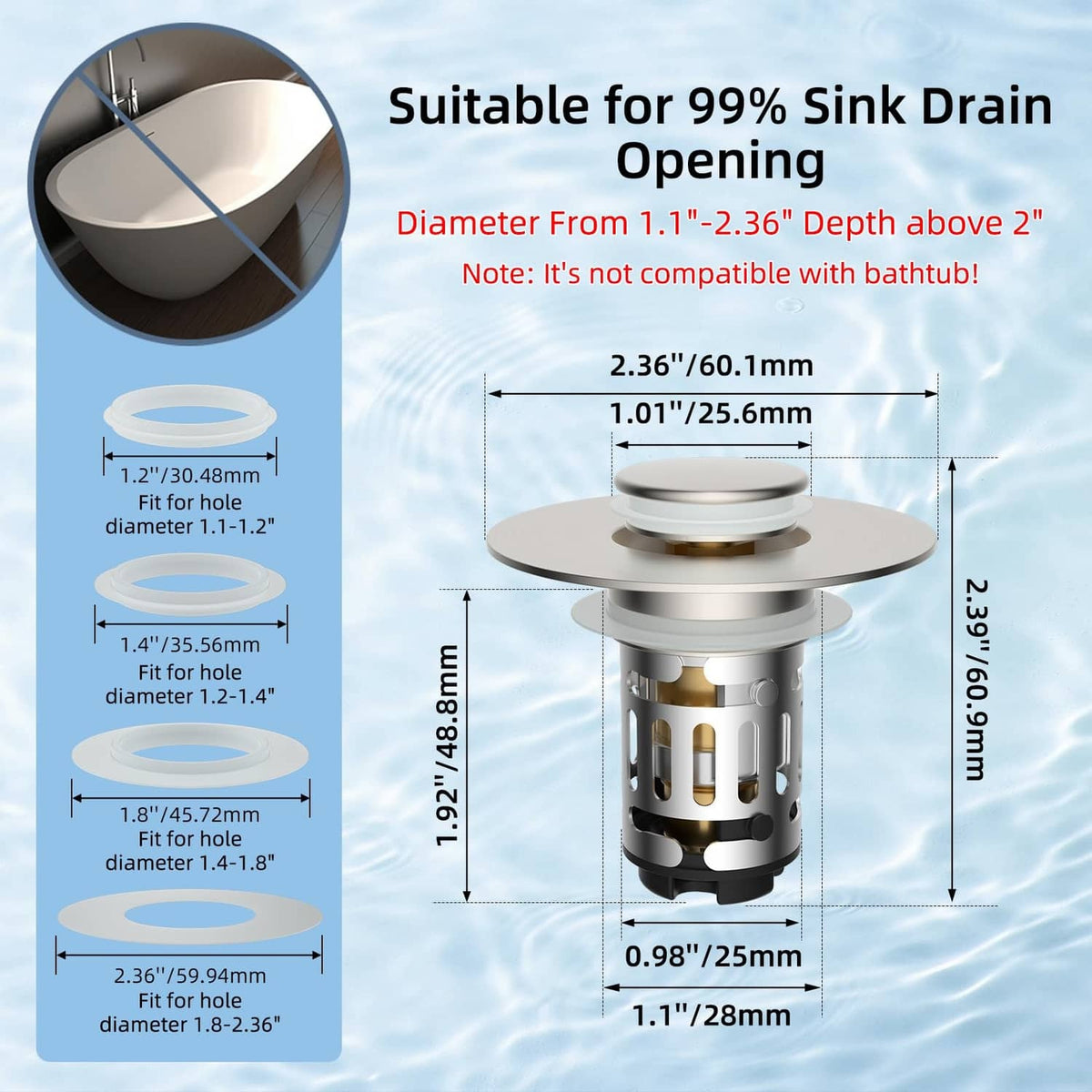 Bathroom sink drain stopper strainer fits 1.1–2.36 in opening; about 2.36 in diameter