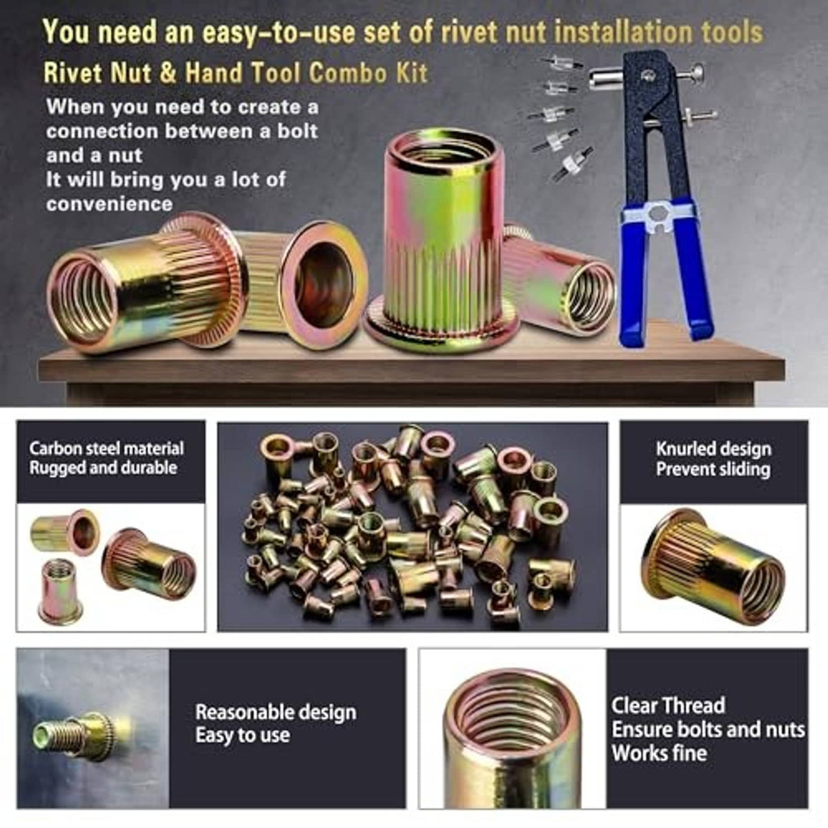 Rivet nut installation kit with hand tool and gold threaded rivet nuts on metal parts