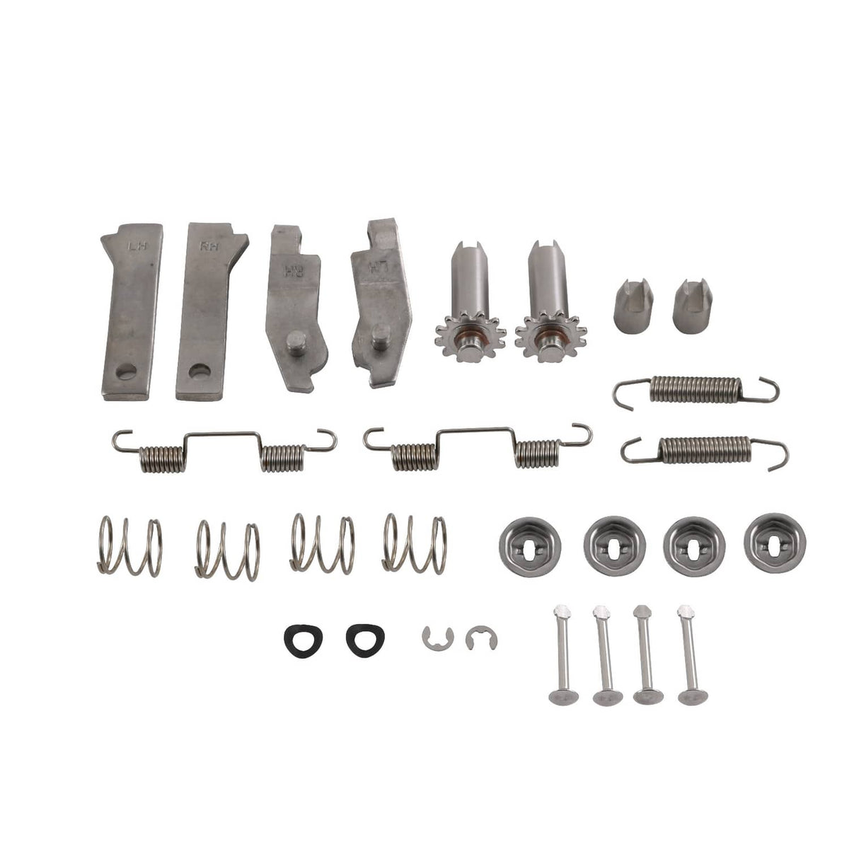 Stainless steel parking brake hardware kit with brackets, springs, washers, and pins