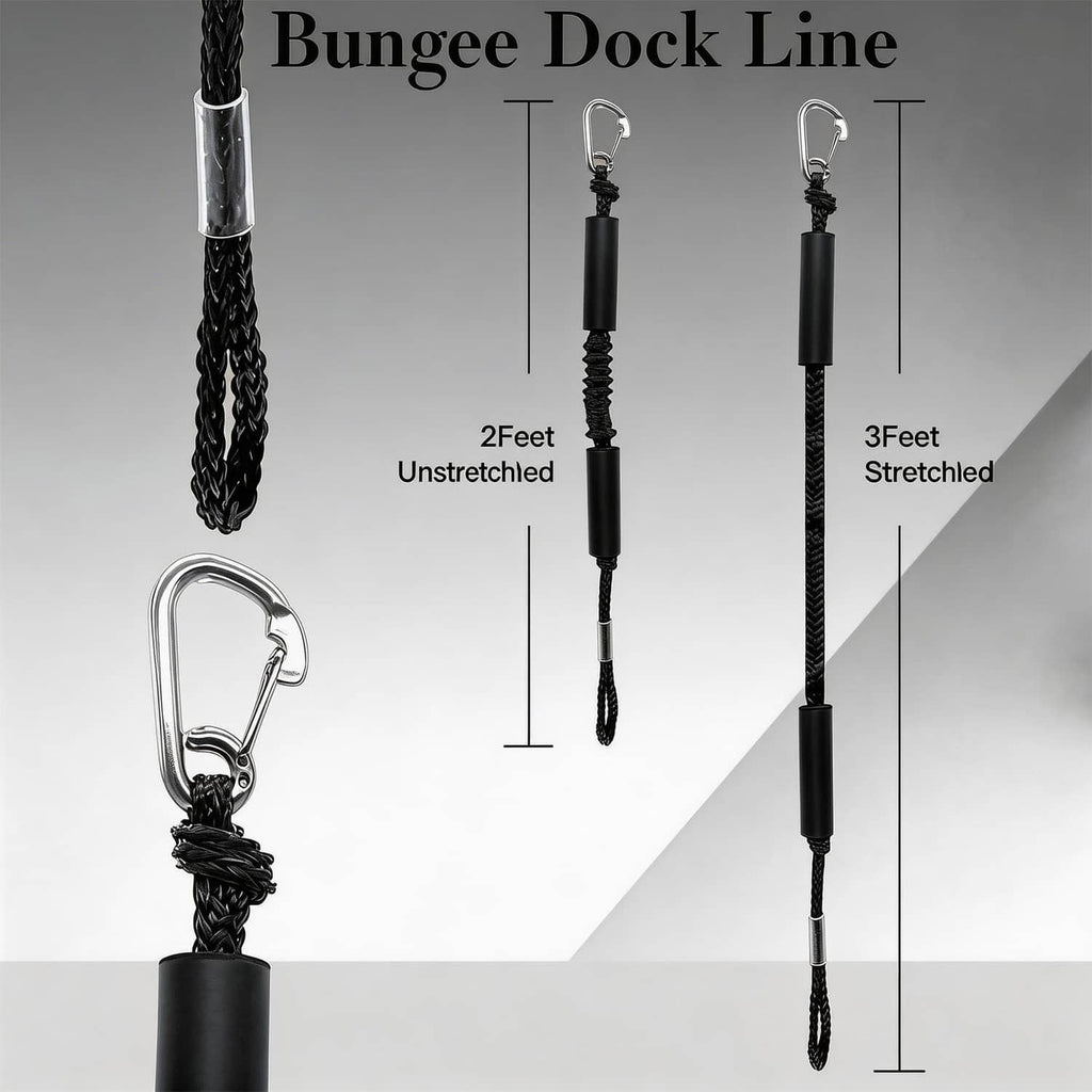 Black bungee dock lines with stainless hooks and elastic stretch lengths