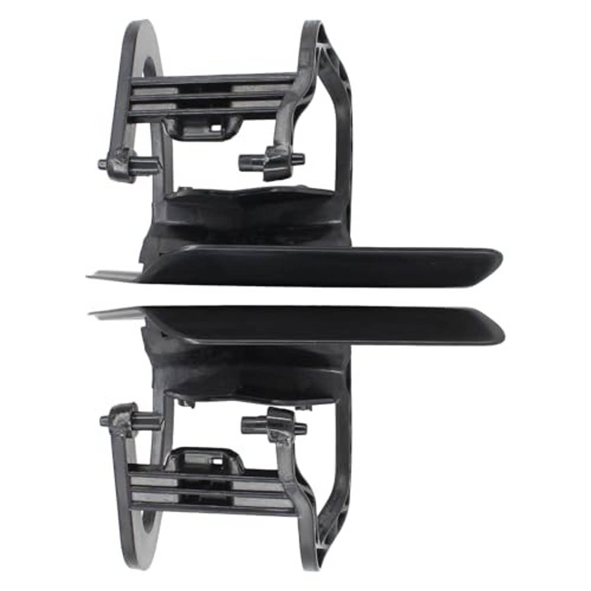 Pair of black headlight washer nozzle caps with bracket arms and clips