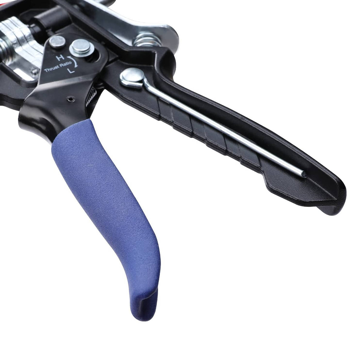 Caulking gun trigger with textured blue grip and metal support bar
