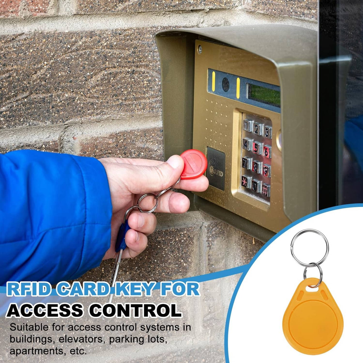 Red RFID key fob key tag held toward an entry access keypad
