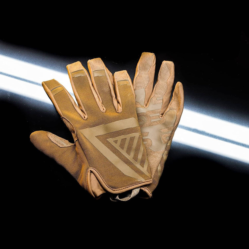 Tan touchscreen sport gloves with durable palm padding and bold geometric logo.