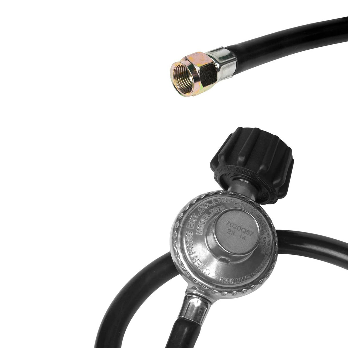 Propane grill regulator hose close-up with brass end fitting and black rubber tubing