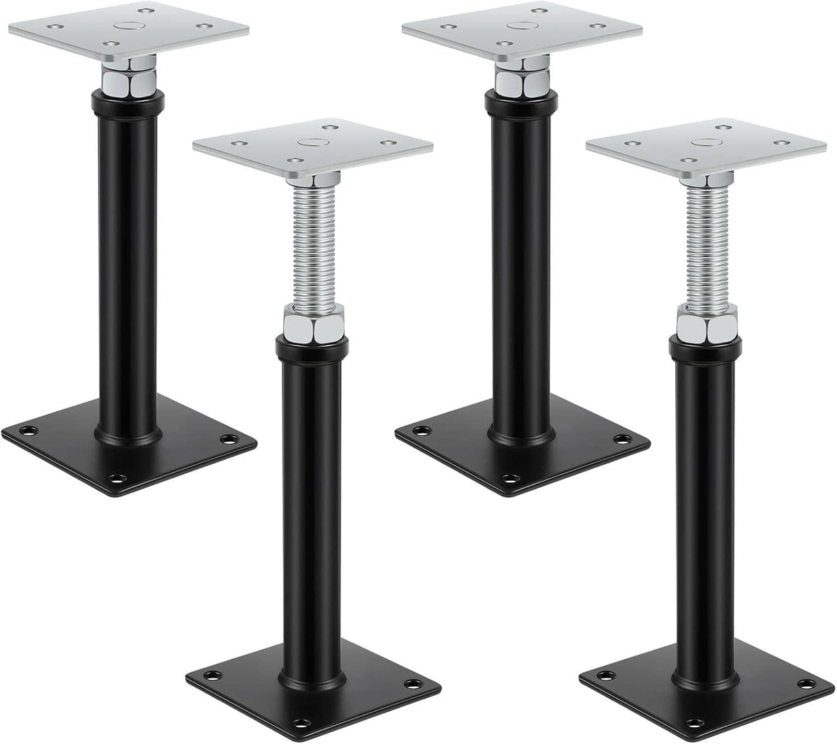 Adjustable floor screw jack post pair with black columns, threaded rods, and silver top plates