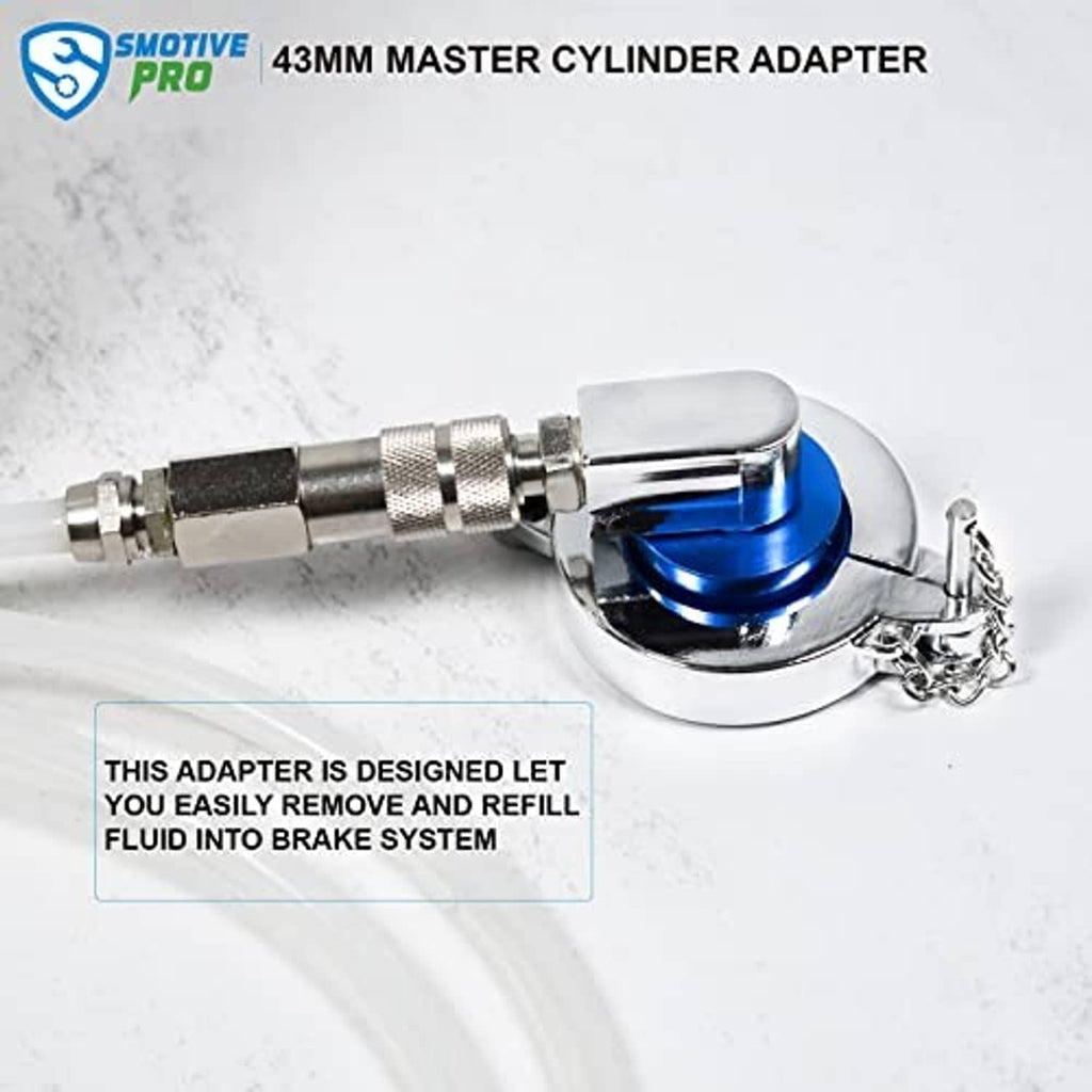 Blue-and-chrome bleeder adapter with connected hose fittings and circular base