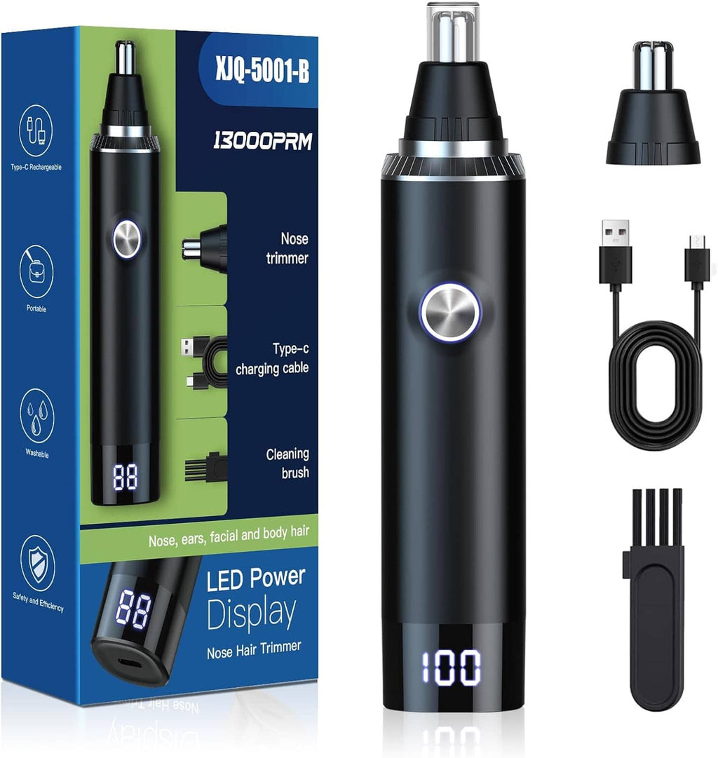 Black ear and nose hair trimmer with metal tip and LED power display