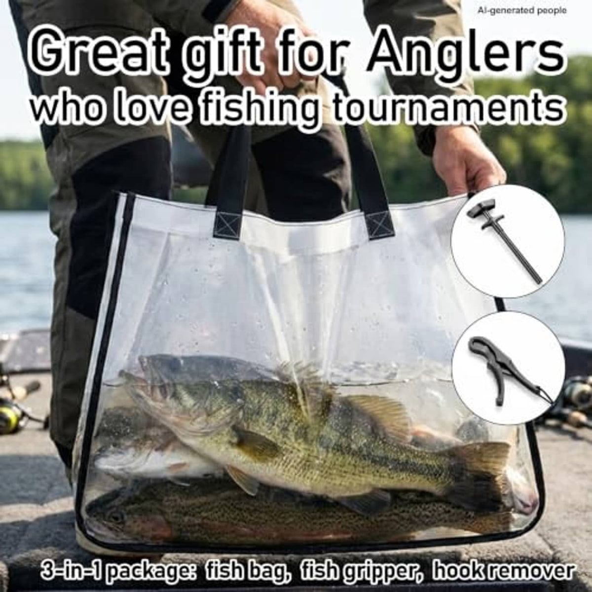 Fish tote bag with black handles plus hook remover and fish lip gripper tools.