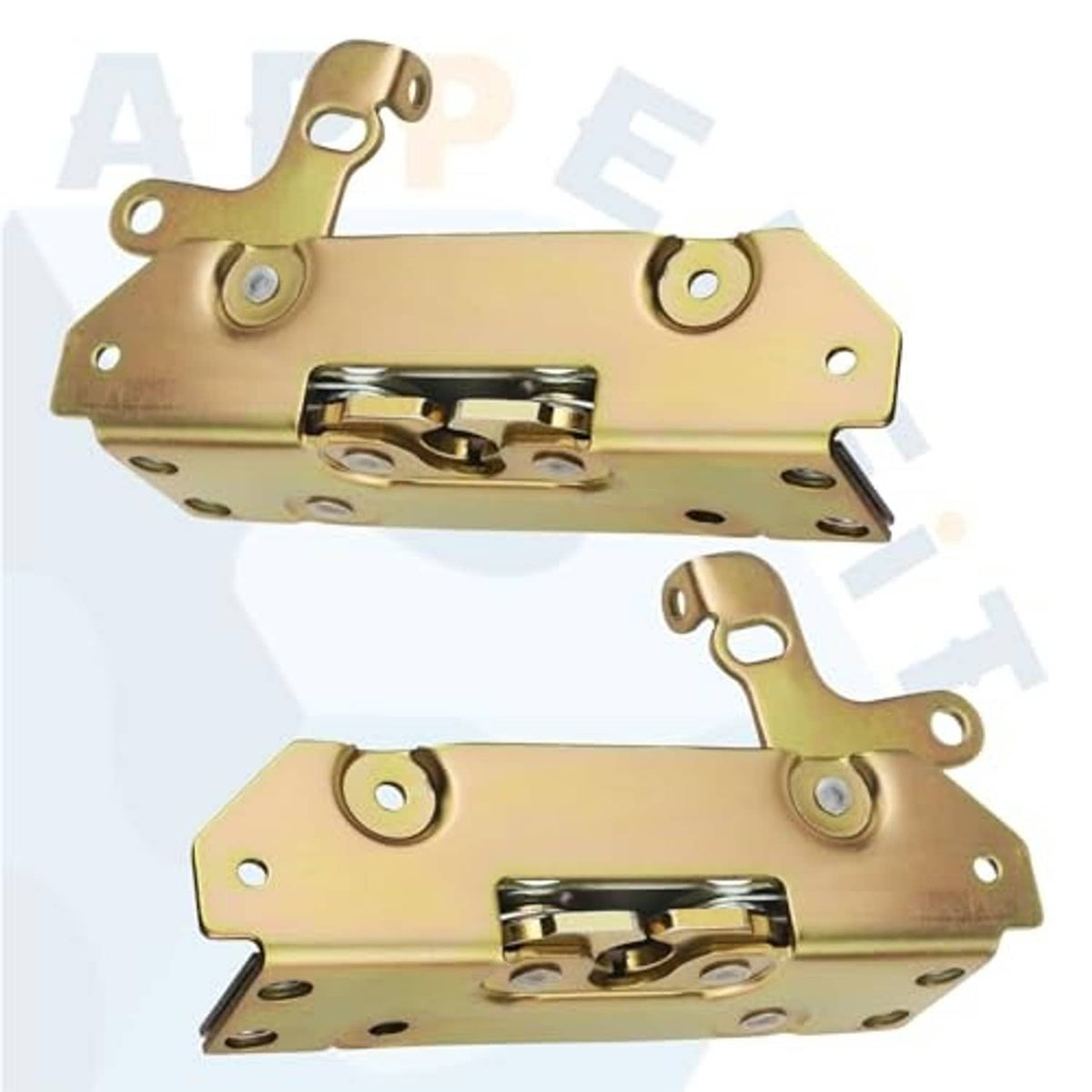 Gold door latch lock with recessed latch bar and mounting holes, front view