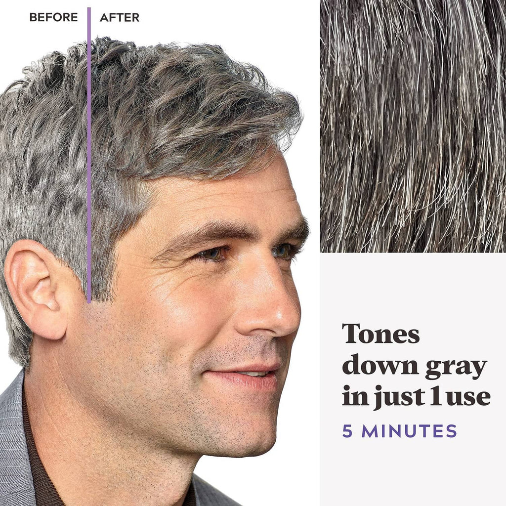 Men's hair close-up showing gray-reduction before-and-after results