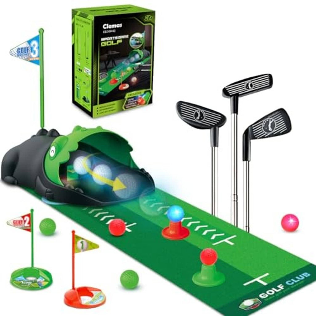 Kids toy golf set showing green mat and dinosaur ball returner with 3 metal clubs