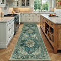 Rectangular washable area rug in vintage dark blue with central medallion and border