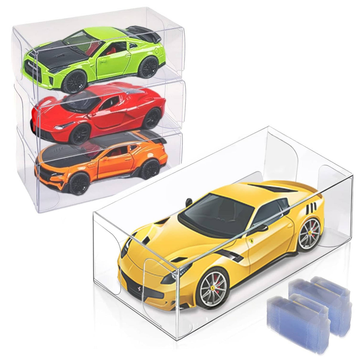 Clear 1/64 scale display case with three model cars inside, stacked compartments