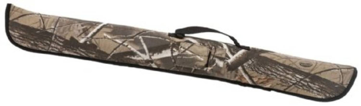 Camouflage soft vinyl pool cue case, black ends and strap; holds one 2-piece cue