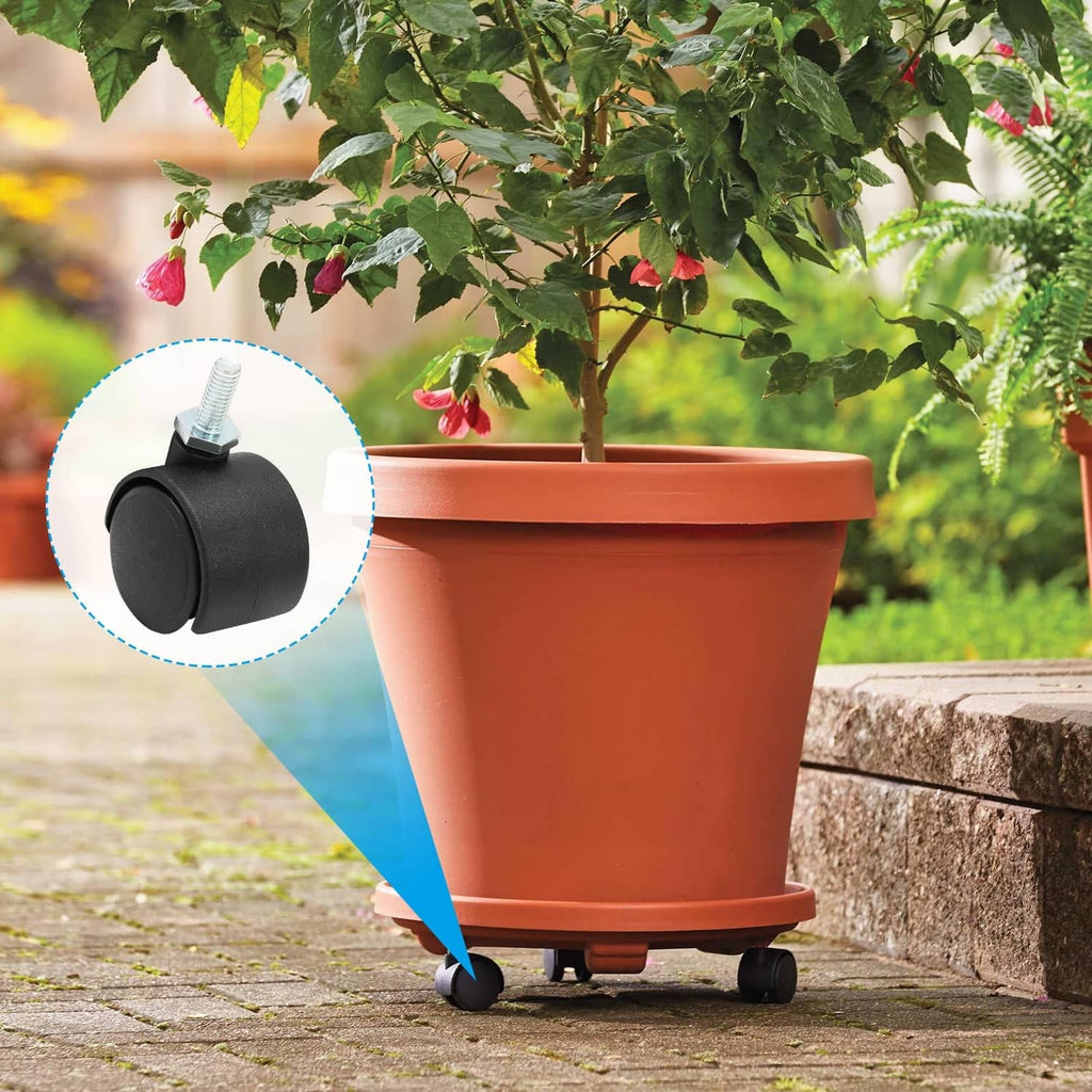 Black caster wheel with M6 threaded stem attached under a planter pot