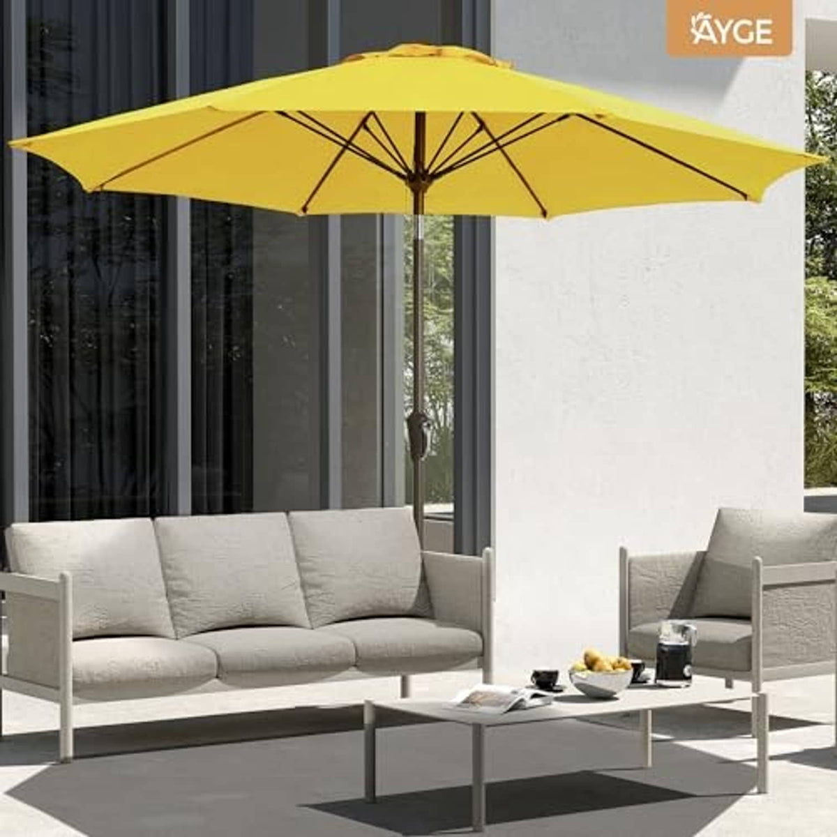 Yellow patio umbrella standing over outdoor seating with open canopy and center pole