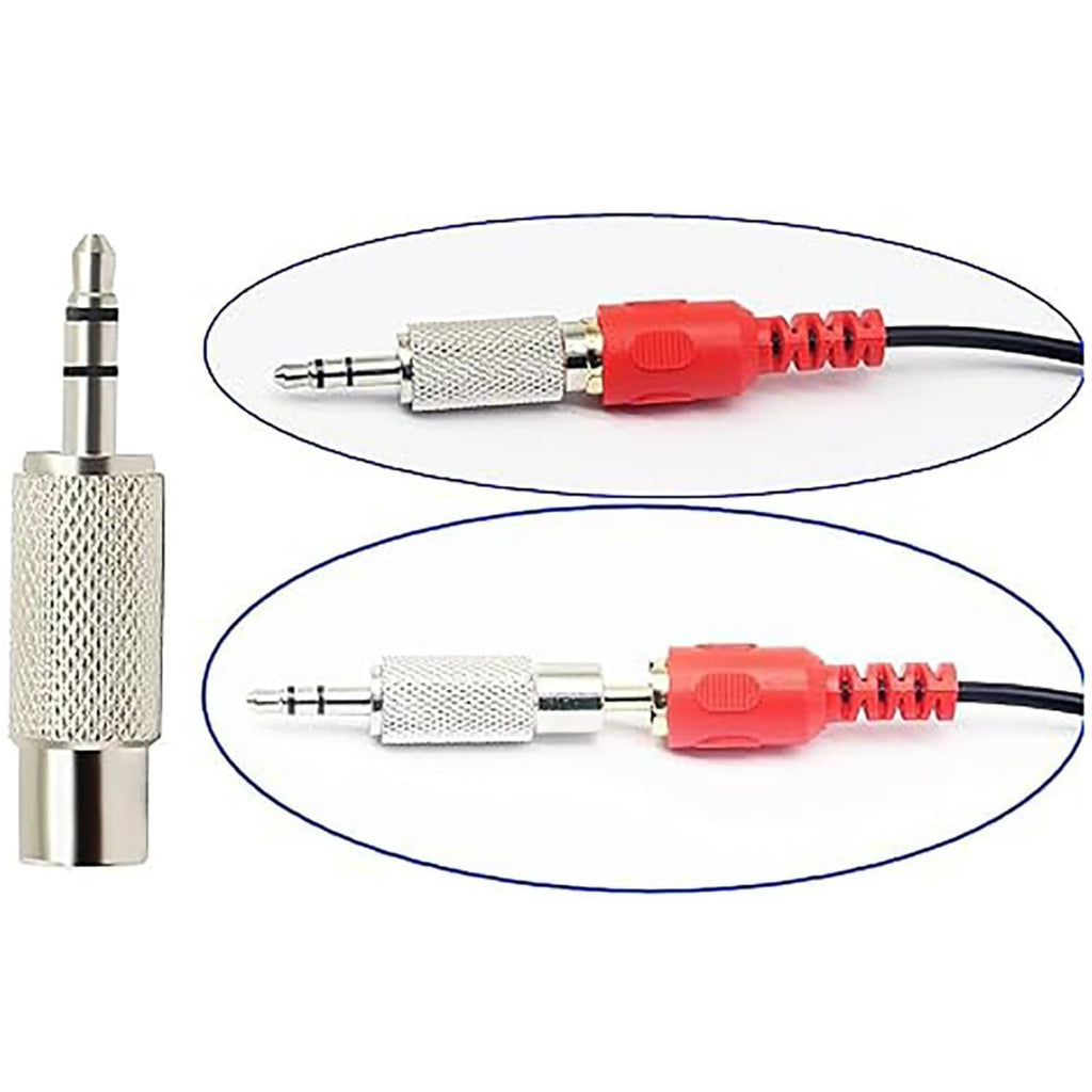 3.5mm stereo to RCA female audio adapters with red cable jacket protection, silver