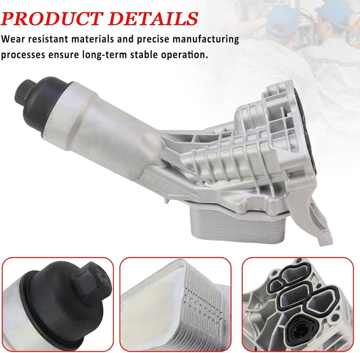 Oil cooler filter housing with detailed channeling and black rubber end fitting