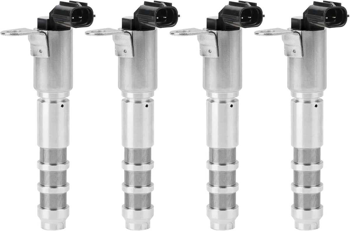 Four variable timing solenoid valves with silver cylinder bodies and black top connectors