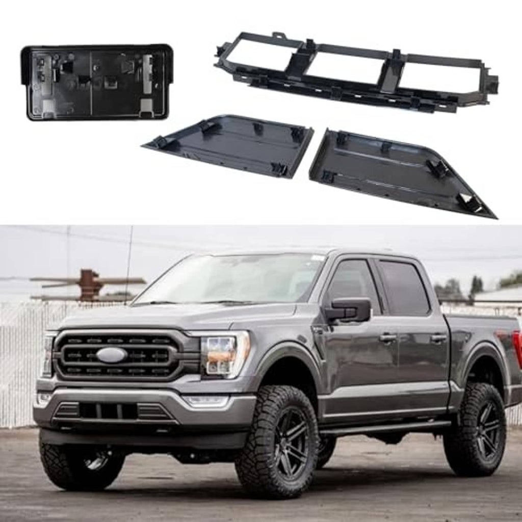 Front bumper grille kit parts: black grille frame, guard pads, and license plate bracket backing