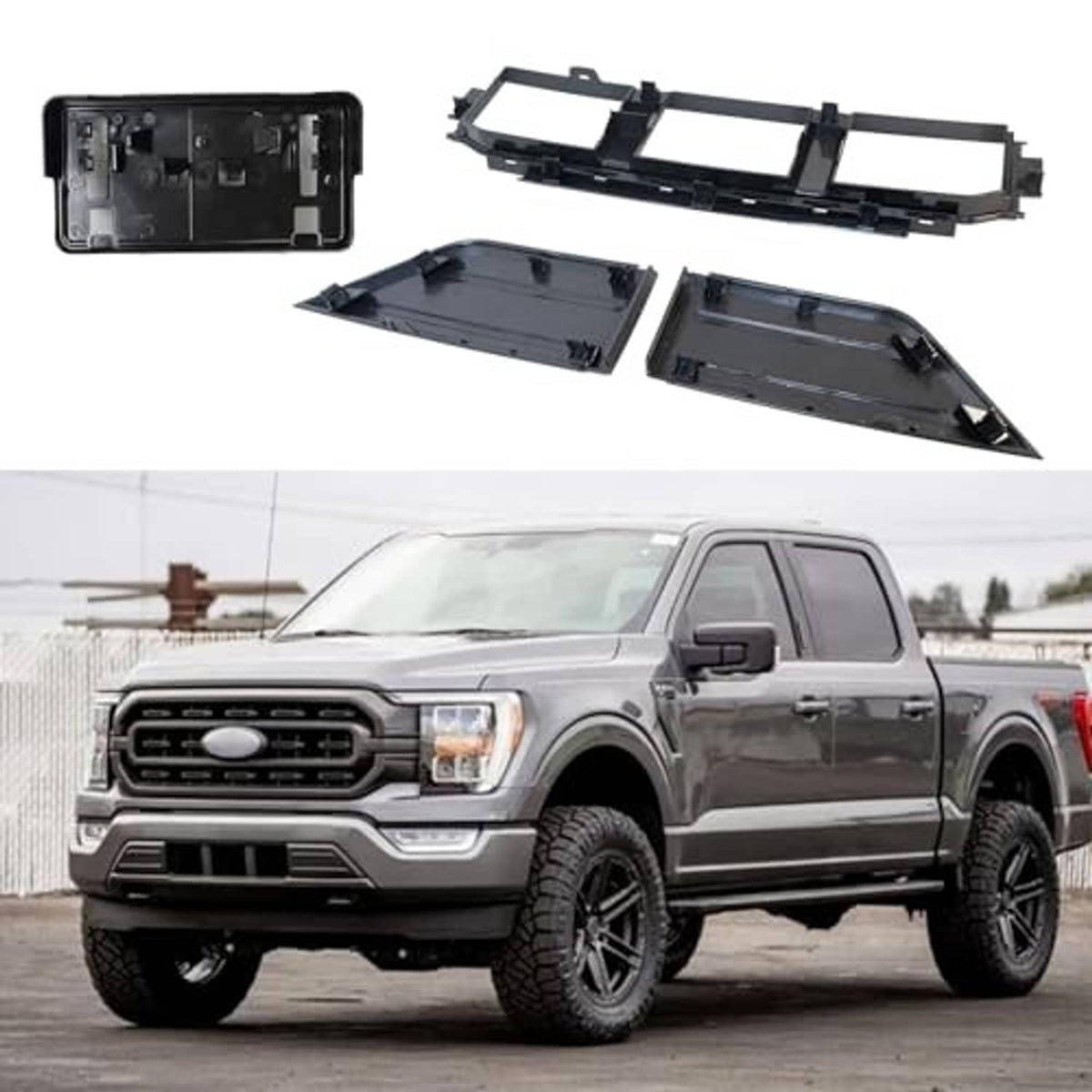 Front bumper grille kit parts: black grille frame, guard pads, and license plate bracket backing