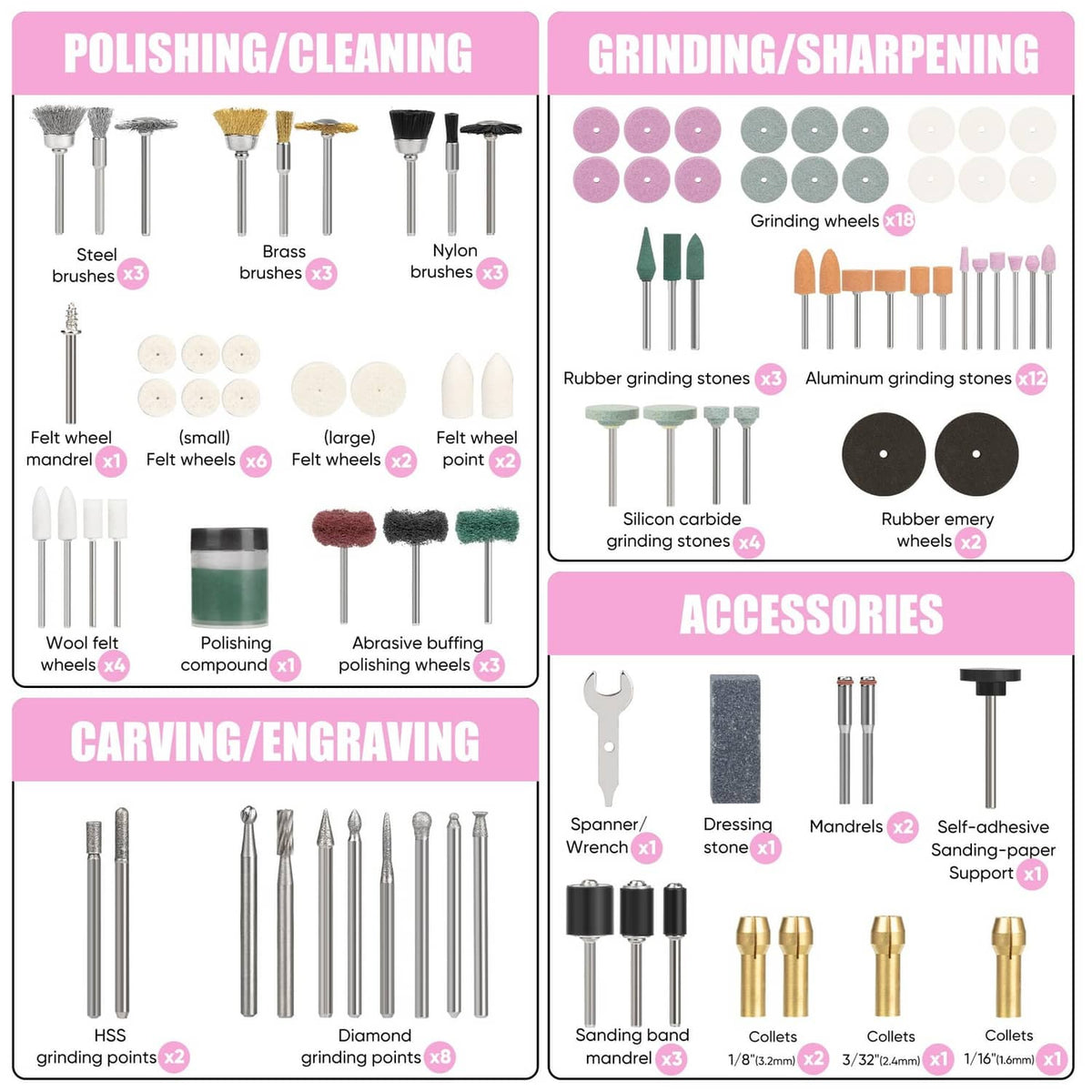 Rotary tool accessory lineup: polishing brushes, grinding stones, carving bits, and more