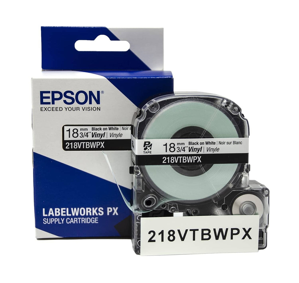 Label maker tape cartridge and box set, Epson LabelWorks PX, 18mm black on white vinyl