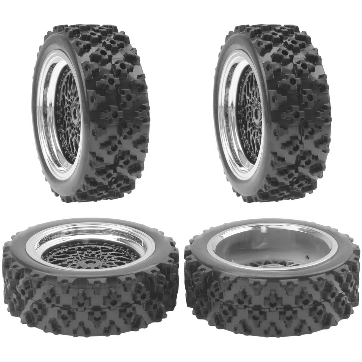 RC on-road tire and wheel set, four-wheel angle view with silver rims and black tread