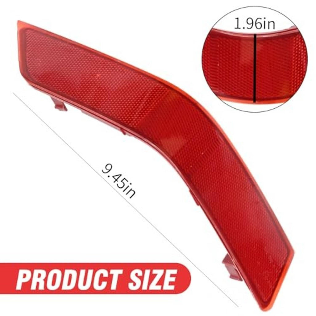 Red rear bumper reflector with textured lens, curved shape, and side mounting points