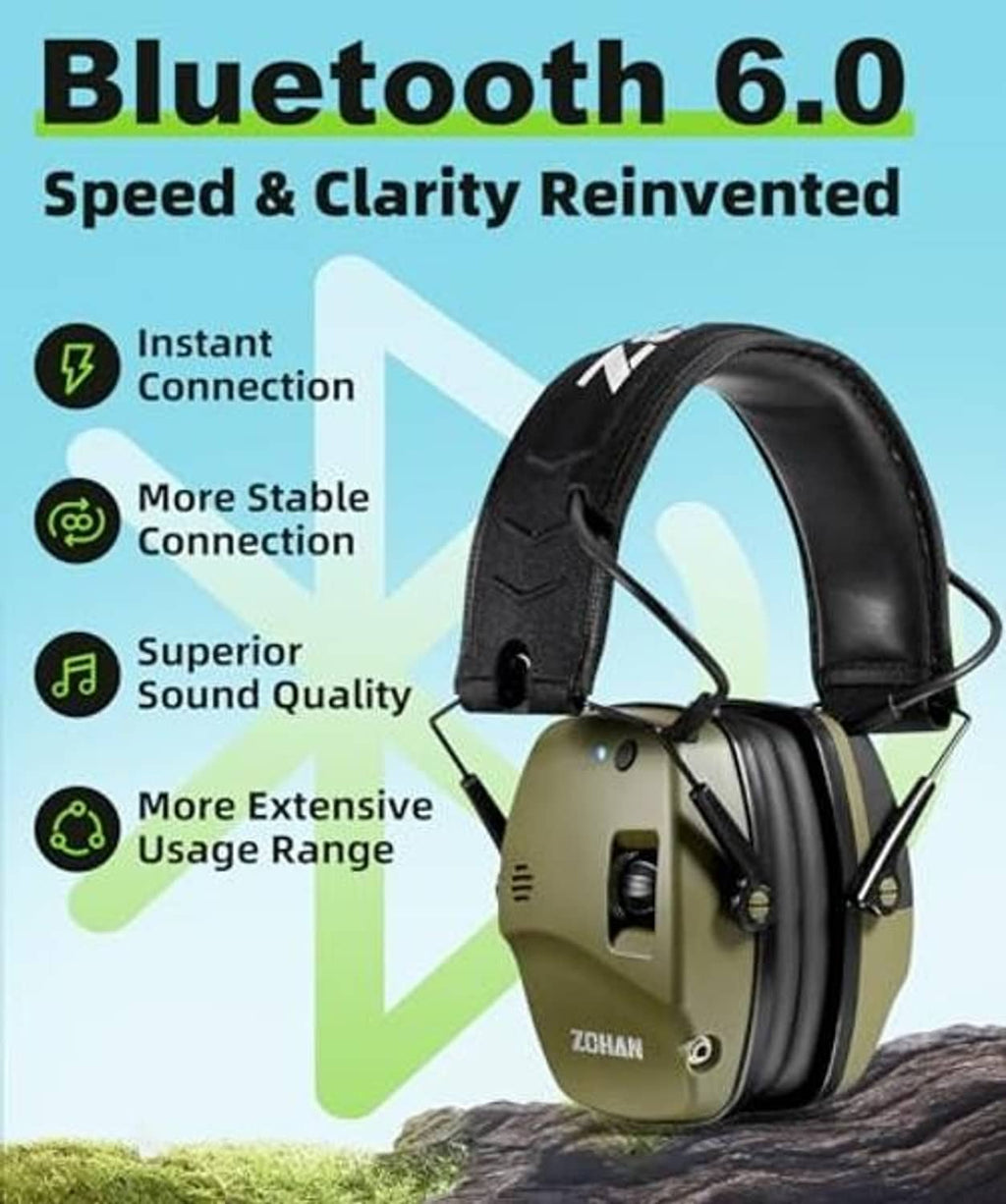 Bluetooth 6.0 electronic earmuffs with black headband and green ear cups, side view