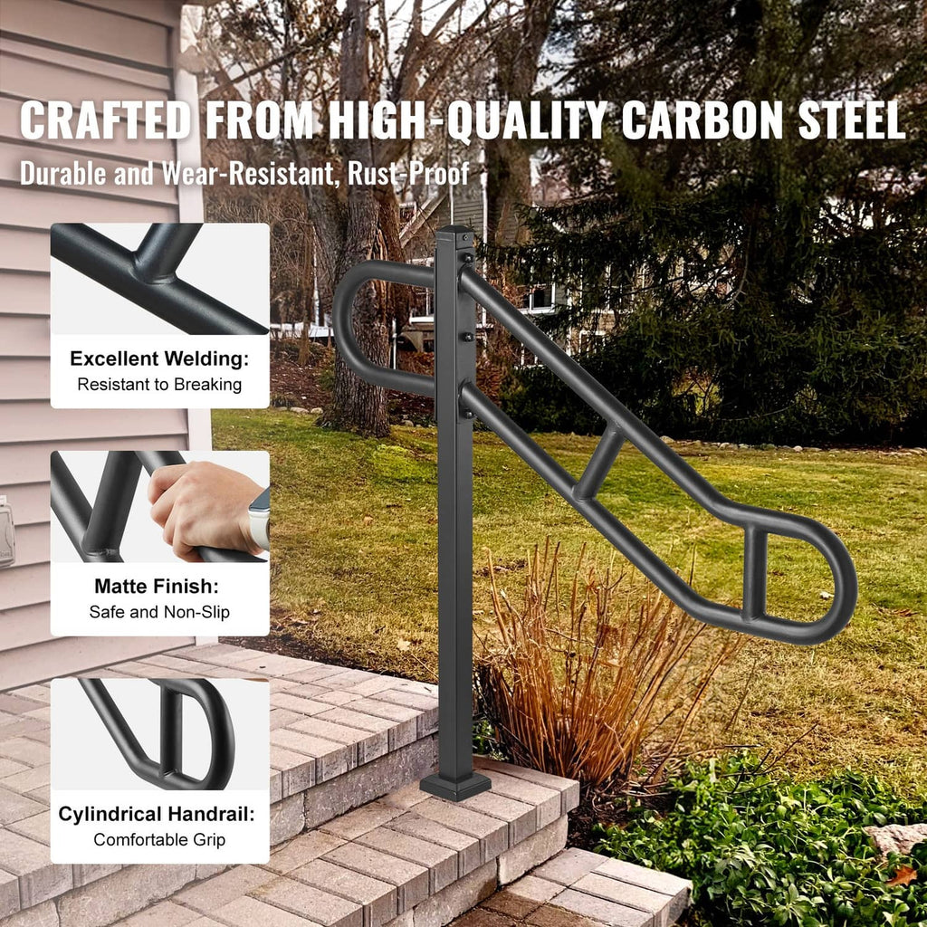 Black outdoor floor-mounted handrail for steps, with curved hand grip and support post