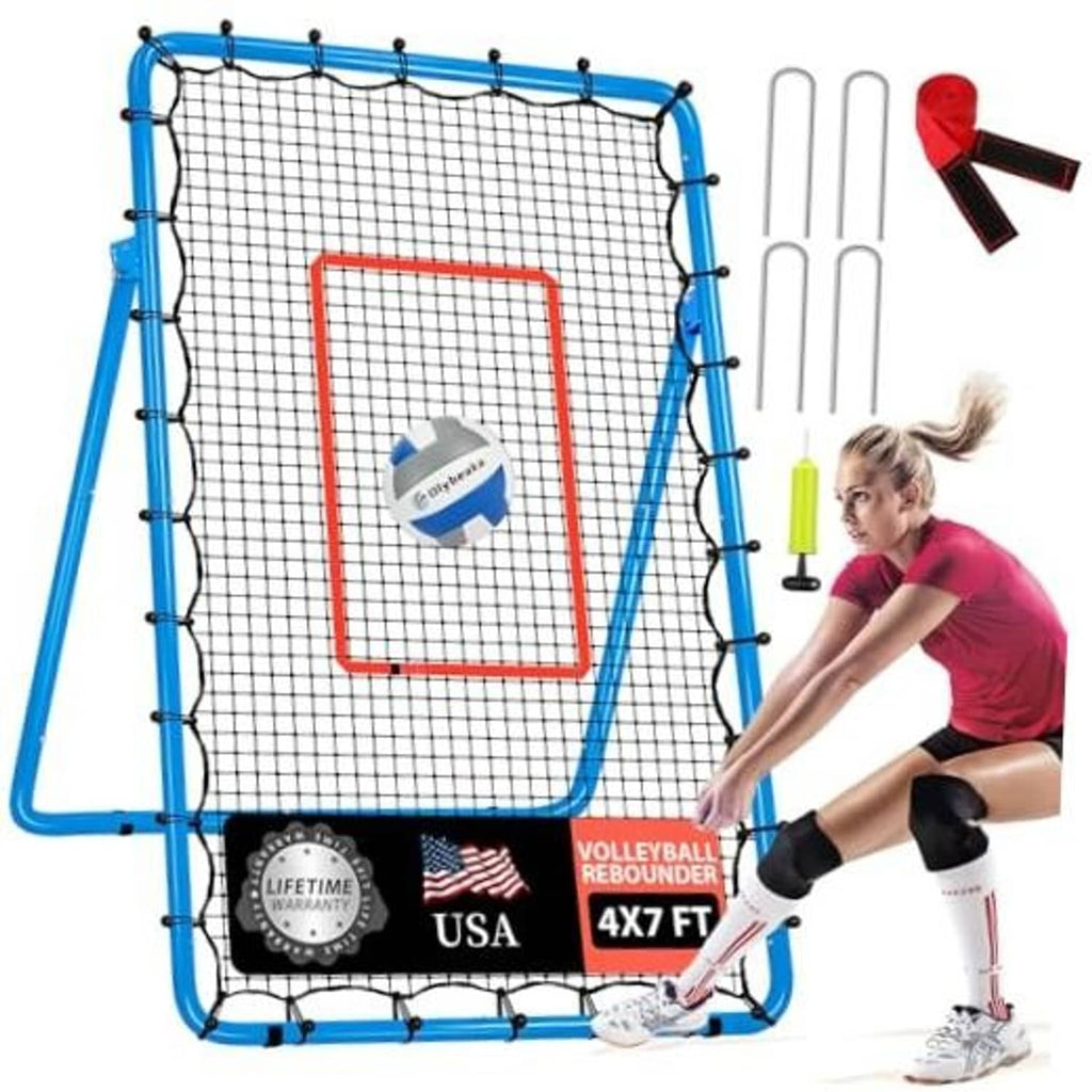 Blue volleyball rebounder net with red target box and black mesh frame