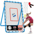 Blue volleyball rebounder net with red target box and black mesh frame