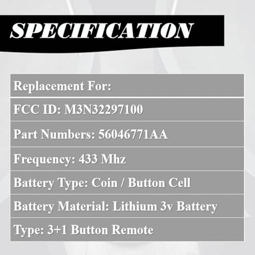 Key fob specification panel with FCC ID and 433 MHz frequency details