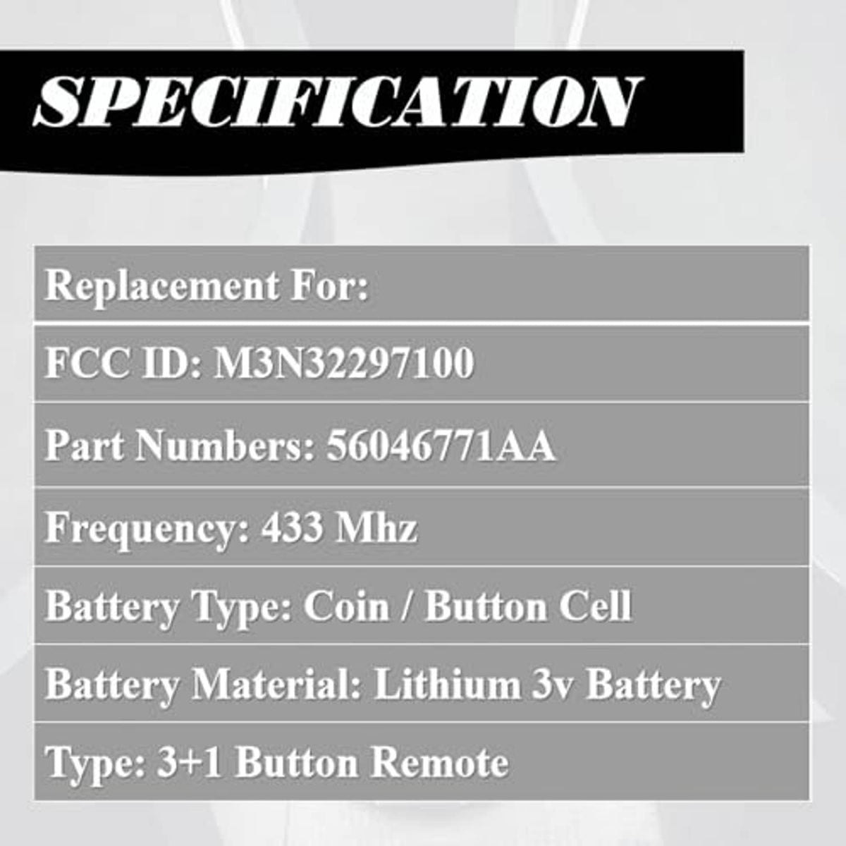 Key fob specification panel with FCC ID and 433 MHz frequency details