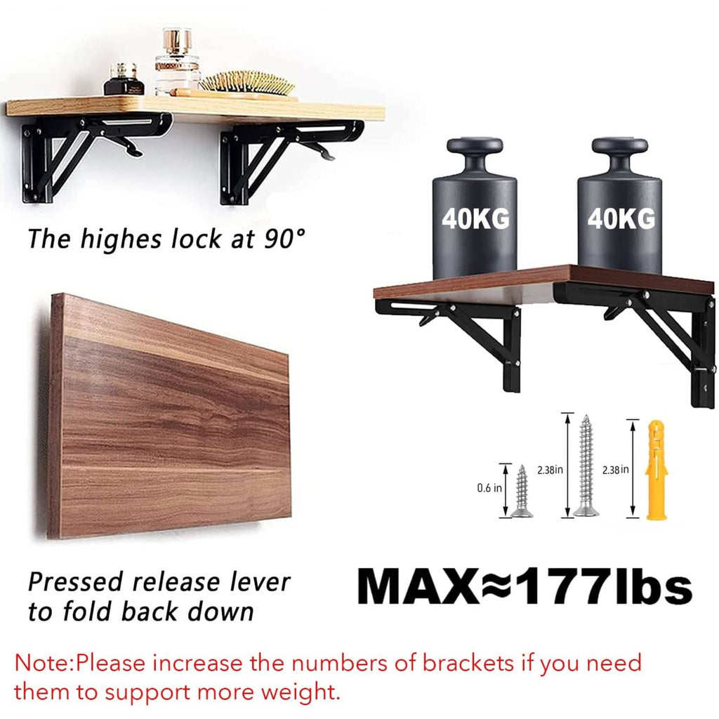 Black folding shelf brackets with 90° lock lever for wall-mounted shelving