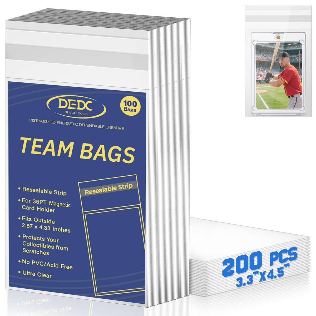 Trading card team bags box, transparent resealable sleeves, 200 PCS pack size